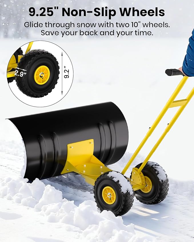 Snow Pusher with Wheels for Driveway, 36" Wide Heavy Duty Steel Blade, 7-Position Angle Adjustment & 60° Tilt Handle, Ergonomic Push Snow Shovel with Ground Protection for Effortless Snow Removal