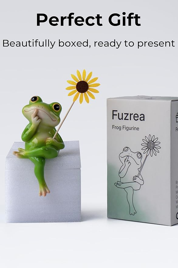 Frog Figurine, Whimsical Hand-Painted Resin Frog Statue with Flower and Flag, Shelf Decor for Living Room Desk Office, Charming Funny Frog Garden Decor, Frog Birthday Gift for Women