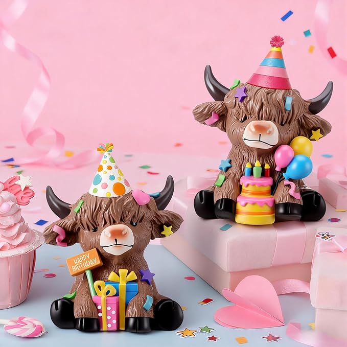 Karenhi 2 Pcs Birthday Highland Cow Figurines, Resin Cow Gnomes Party Hat Gifts Balloons Cake Farmhouse Scottish Resin Statue Calf Lovers Gifts for Home Garden Kitchen Office Tiered Tray Table Decor