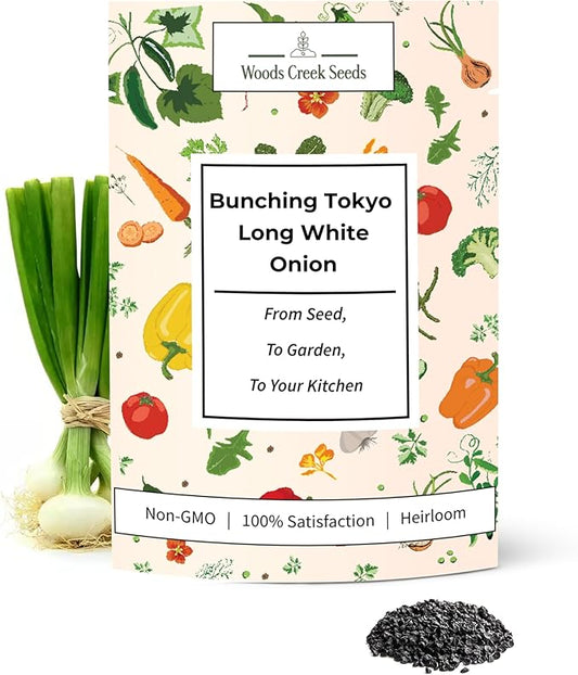 Woods Creek Seeds: Bunching Tokyo Long White Onion Seeds for Planting - Heirloom Green Onion Seeds for Planting - Non-GMO Heirloom Seed Pack of Crisp Onions for Outdoors and Home Gardening