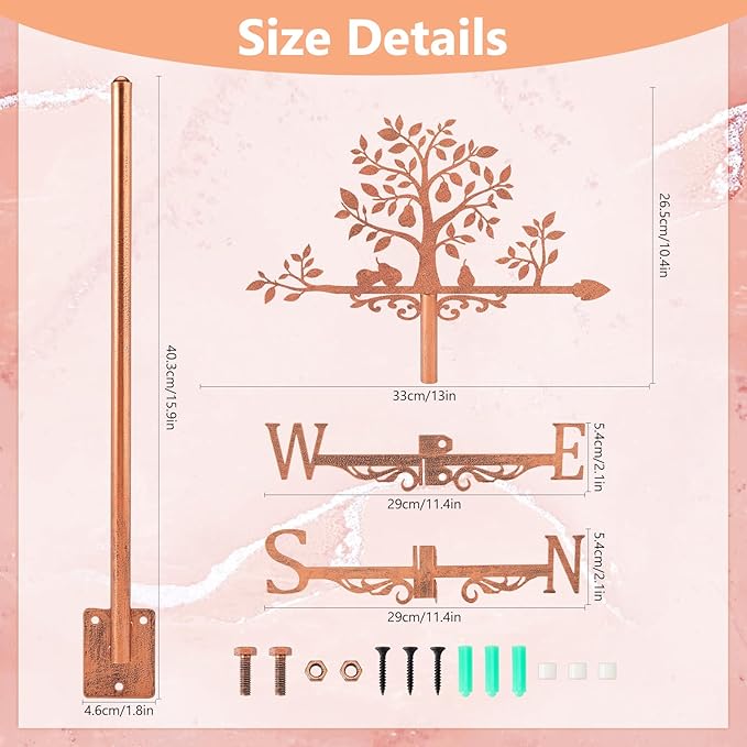 SUPERDANT Pear Tree Weather Vane Tree Leaves Wind Vanes for Yard Pears Metal Weathervane Roof Mount for Gardens Outside Reddish Copper Weathervanes Farmhouse Farm Barn Sheds Patio Decorations