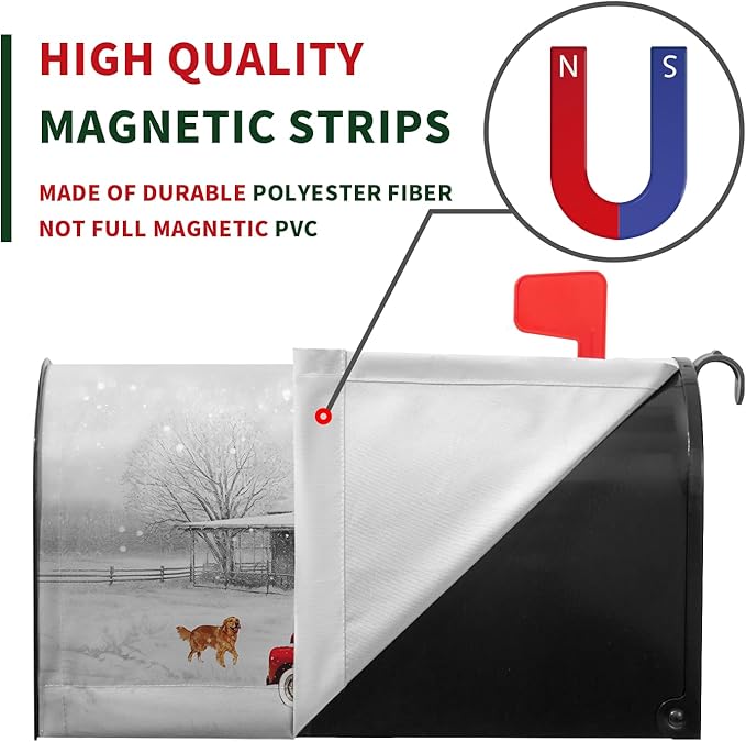 Winter Mailbox Cover Red Truck Snowflake Mailbox Wrap with Magnetic Strip Christmas Dog Snowy Letter Post Box Cover Decoration Welcome Home Outdoor Standard Size 21" Lx 18" W