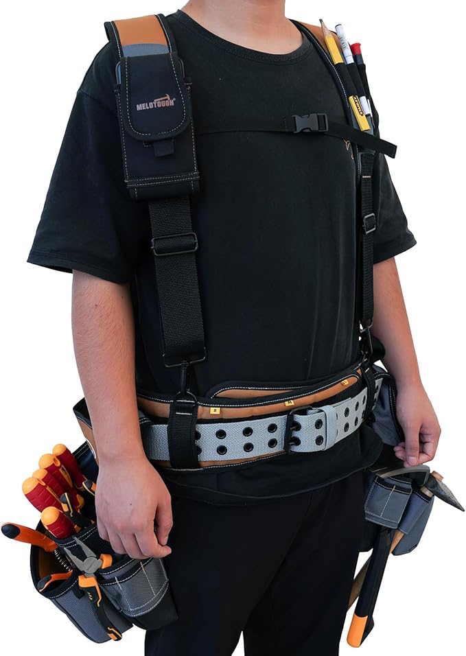 MELOTOUGH 28-Pocket Pro Framer's rig Combo Apron Tool Belt and Heavy Duty Padded Suspenders with Magnetic Desinger for Technician/Carpenter/and Electrician's Tools (Khaki)