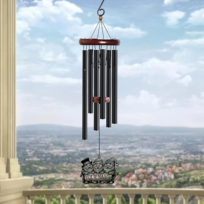 Personalized Customize Name Gnome Wind Chime, Metal Iron 37 Inch Outdoor Memorial Gift for Garden Yard Patio Home Decor, Black，Christmas (Style J)