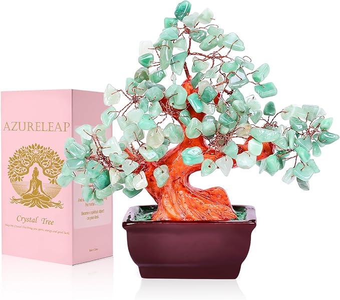Feng Shui Quartz Crystal Money Tree Bonsai Style Decoration for Luck and Wealth (Green)