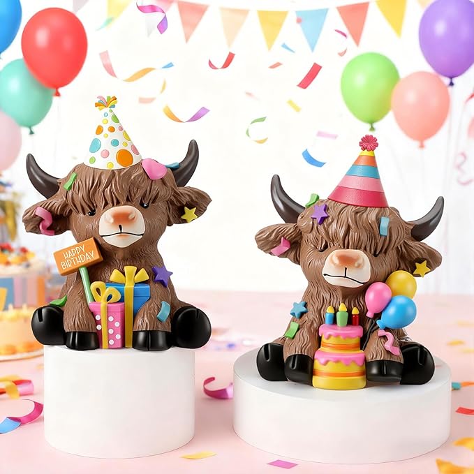 Karenhi 2 Pcs Birthday Highland Cow Figurines, Resin Cow Gnomes Party Hat Gifts Balloons Cake Farmhouse Scottish Resin Statue Calf Lovers Gifts for Home Garden Kitchen Office Tiered Tray Table Decor