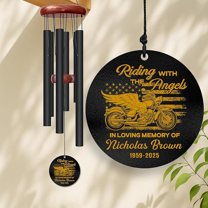 Personalized Motorcycle Memorial Wind Chime – “Riding with The Angels” Gold Cruiser with Wings and USA Flag – Custom Name & Years, Biker Remembrance Gift, Sympathy Decor for Loss of Loved One