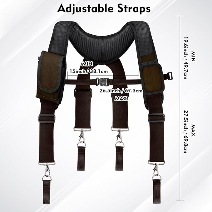 Tool Belt Suspenders for Men, Adjustable Padded Carpenter Tool Belt with Magnetic WristBand Multifunctional Pouch Pocket for Construction Workers (Brown)