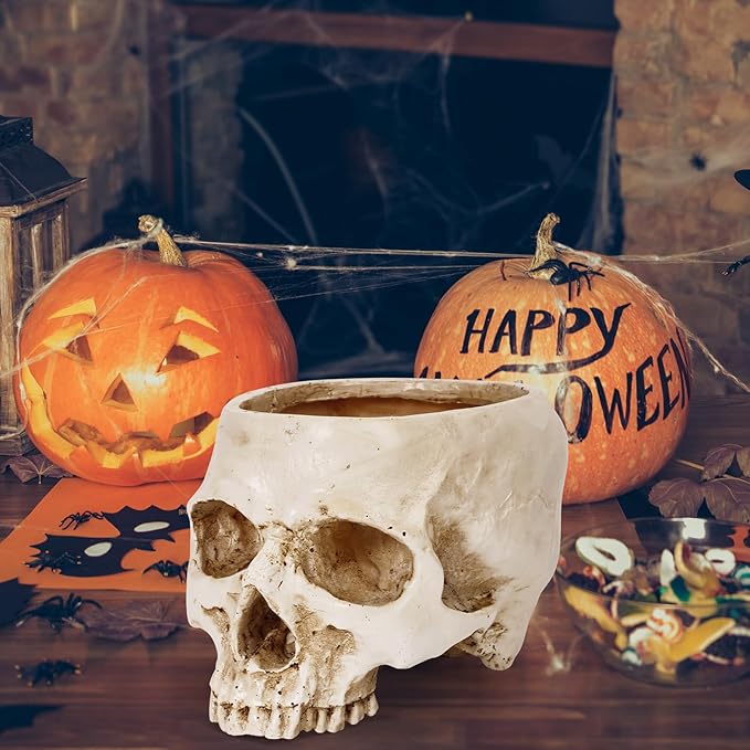 Skull Planter Pot for Plants - Realistic Human Skull Head Flower Pot, Halloween/Gothic Décor, Resin Planter for Succulents, Bonsai, Cactus, Home Bar, Desk, Spooky Gift Idea (Antique White)