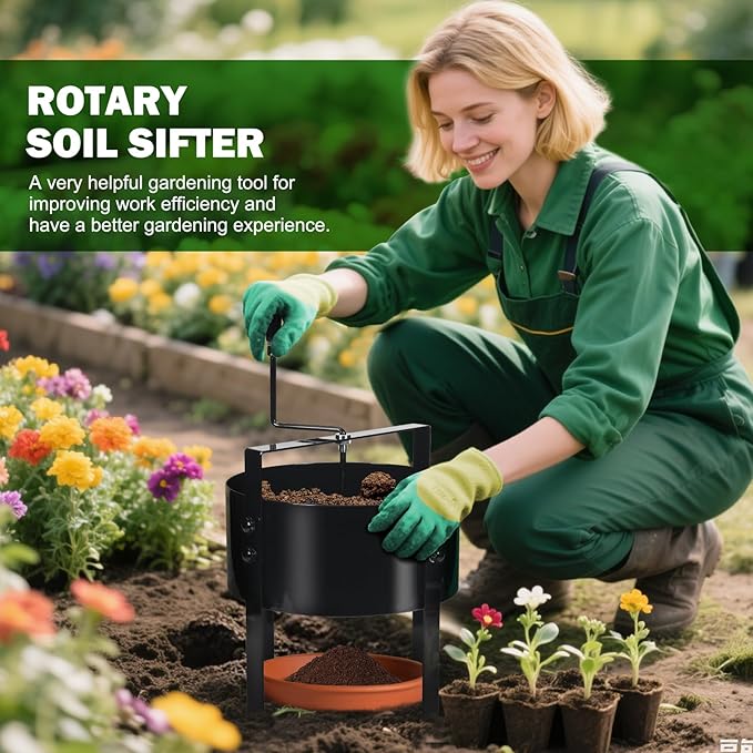 Upgraded Rotary Soil Sifter Including Compost Sieve, 13" Screening Filter with 4 Replaceable Mesh Sizes 0.12/0.24/0.35/0.47 Inch Soil Screen, Rock Sifter for Garden