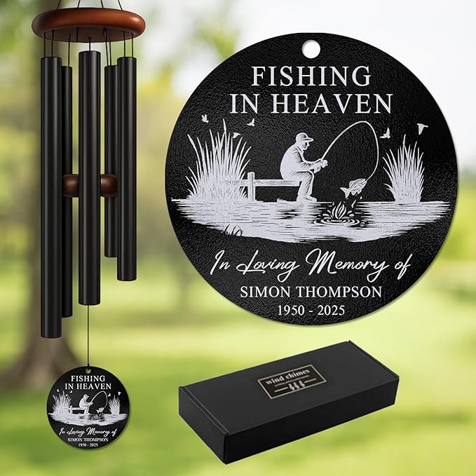 Personalized Fishing Memorial Wind Chime – “Fishing in Heaven” Custom Name & Years – Outdoor Sympathy Gift for Fishermen’s Families – Memorial Windchimes for Loss of Loved One – Tranquil Garden Décor