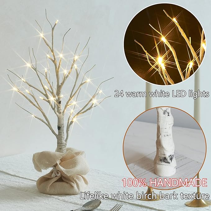 Fudios Lighted Birch Tree with Timer Battery Operated 18in Home Decor Tabletop, Pre lit Artificial Birch Trees with 24 LED for Wedding Christmas Party