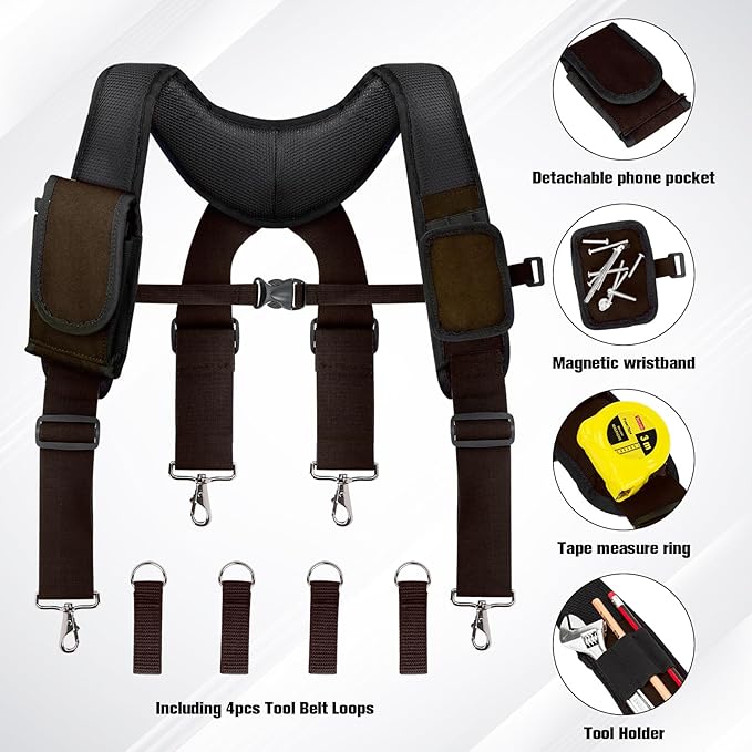 Tool Belt Suspenders for Men, Adjustable Padded Carpenter Tool Belt with Magnetic WristBand Multifunctional Pouch Pocket for Construction Workers (Brown)