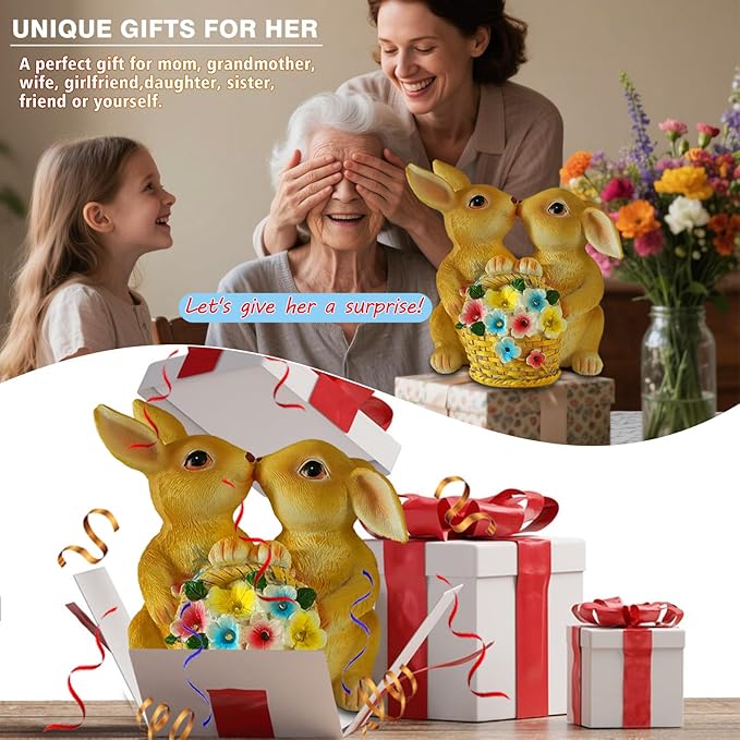 Garden Statues Rabbit Solar Lights, Bunny Decor with LED Lights Home Decorations Outdoor Garden Rabbit Statue for Patio, Balcony, Yard, Lawn Ornament - Unique Housewarming Birthday Gifts for Women