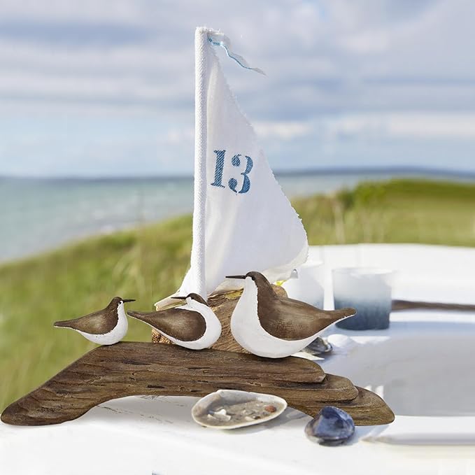 Wooden Sea Bird Statue Seagull On Stand Decor Nautical Coastal Birds Sculpture Indoor Outdoor Animal Figurine Beach Themed Decoration Rustic Home Art for Bedroom Garden (F)