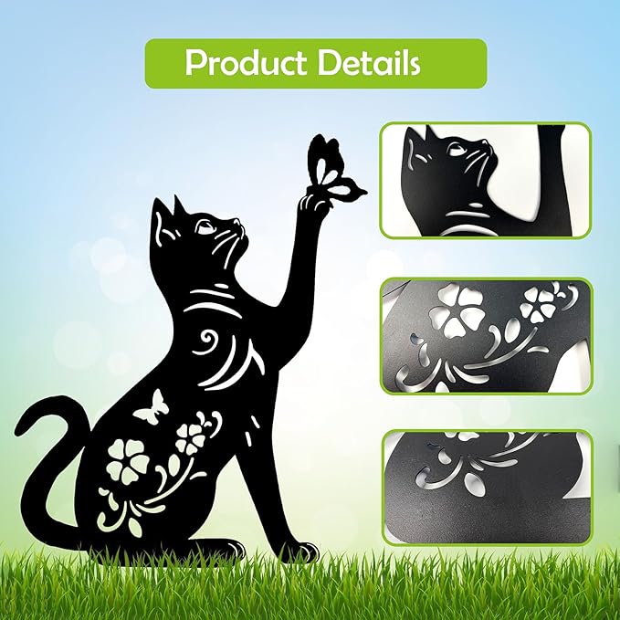Cat Metal Decor for Outside,Garden Stakes Decorative Cat Gifts for Women/Men,Black Silhouette Statues for Yard Ornaments,Lawn, Patio, Pathway,Outdoor Garden Decor