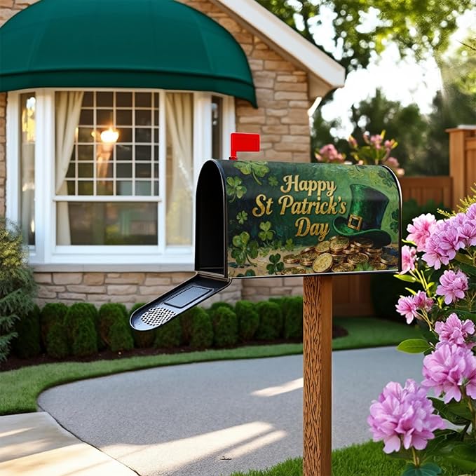 Happy St. Patrick's Day Mailbox Covers Magnetic Standard Size Green Shamrock Hat Gold Coin Print Saint Patricks Holiday Outdoor Decorative Letter Box Cases for Home Garden Outside Decor, 21x18 Inch