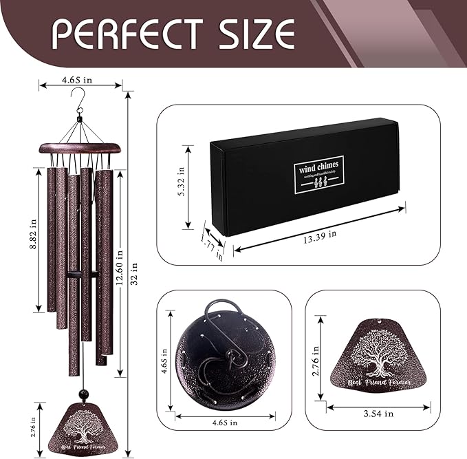 Best Friend Birthday Gifts for Women, Friend Birthday Gifts for Bestie 32" Wind Chimes, Best Friends Long Distance Presents, Friendship Gift for Woman, Unique Soul Sister BFF Gift Ideas