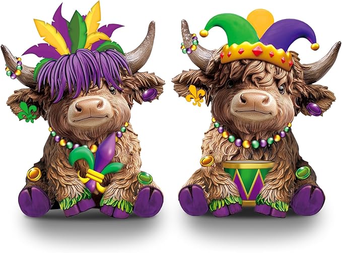Karenhi 2 Pcs Highland Cow Figurines Mardi Gras Feathers Mask Drum Beads Highland Cow Gnomes Scottish Resin Statue Calf Lovers Gifts for Carnival Home Garden Kitchen Office Tiered Tray Table Decor