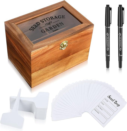 Seed Storage Box Seed Packet Organizer with Lid Seed Container with 100 Plant Labels 50 Envelopes 2 Marker Pens 3 Compartments Garden Seed Bin with Locks for Seed Saver Garden Lover