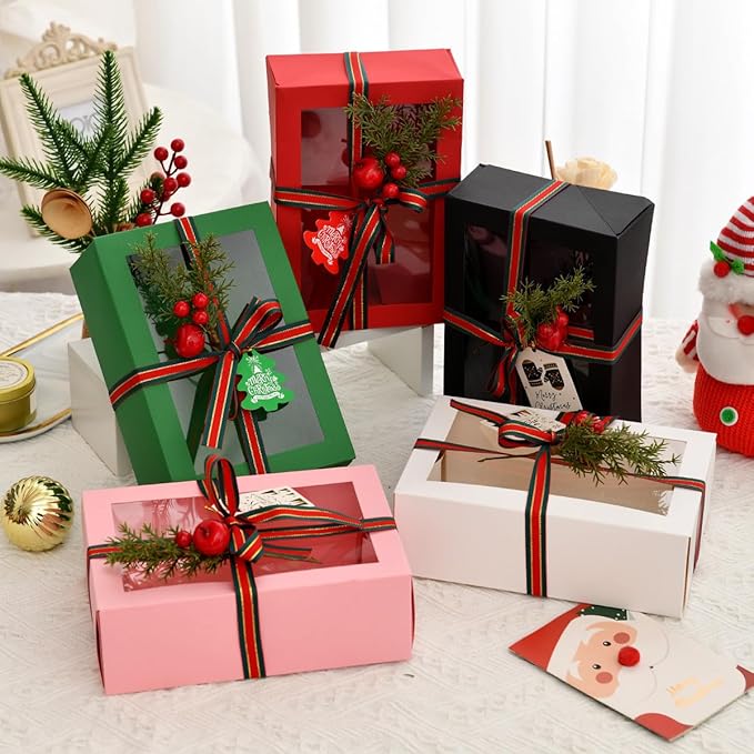 12 Pack Christmas Gift Boxes with Clear Window, brown Christmas Gift Boxes with Ribbon, Pine Sprigs & Berry Decorations for Holiday Wrapping, 8.7x5.9x2.8 Inch (brown)