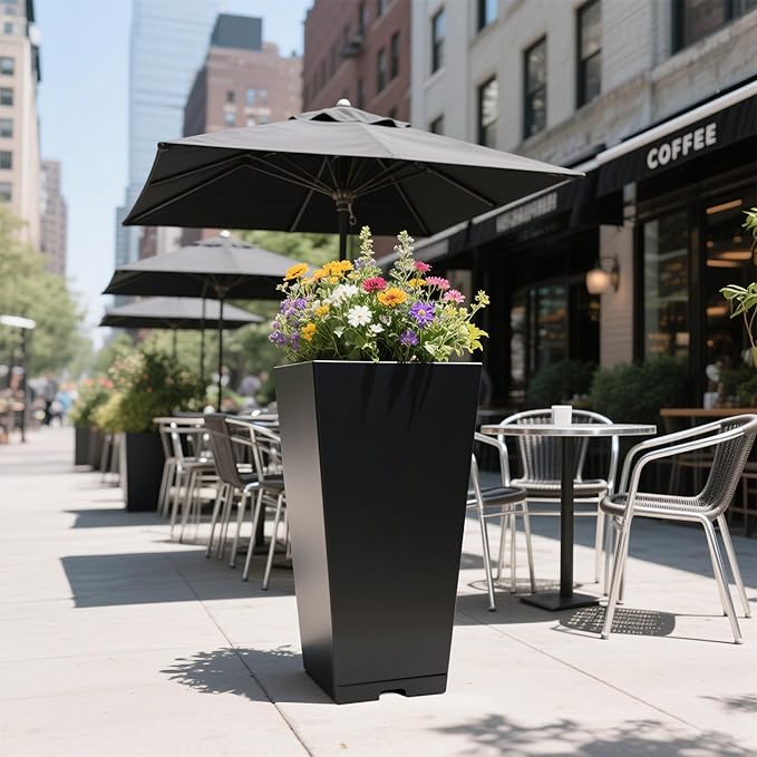 2-Pack Tall Galvanized Steel Planter Boxes with Quick-Clear Drains & Tray– Decorative 28" H Taper Planter for Indoors & Outdoors, Sturdy Metal Flower Pots for Birthday Festival & Decor