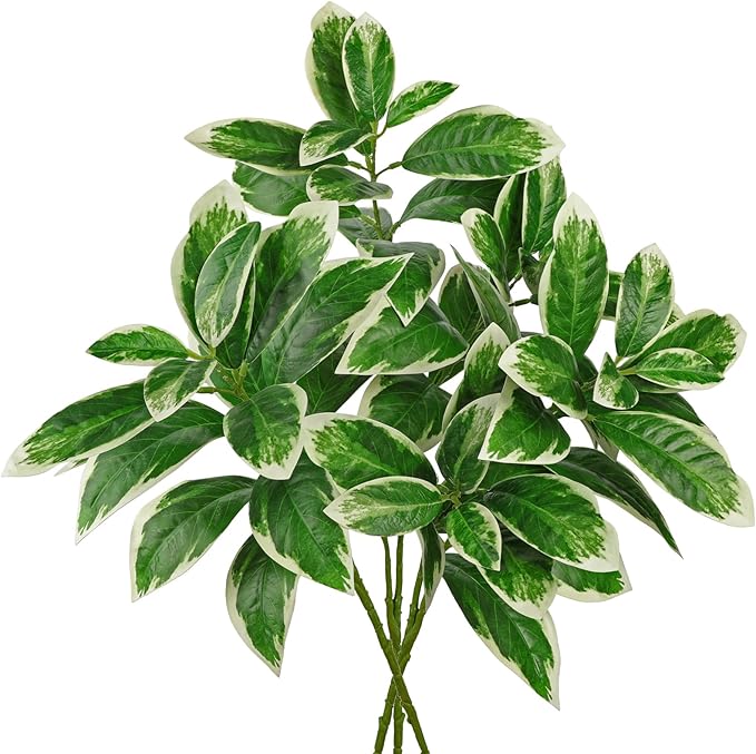 Artificial Greenery Branches 29.9" Faux Leaves Stem for Vase Filler 3pcs Fake Fiddle Plant for Table Centerpiece Home Office Party Wedding Decoration Green and White