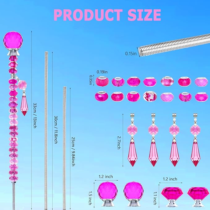 Exway 100 PCS DIY Fairy Wand Beaded Garden Stake Beads Kits with Rose Red Large Hole Beads 4 Crystal Stopper Top Threaded Rods and 4 Rose Red Sparkling Crystal Pendants for Outdoor Indoor Decor