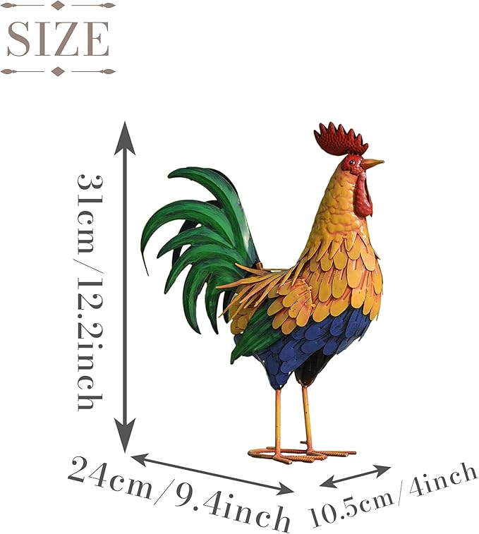 TERESA'S COLLECTIONS Garden Decor, Vivid Rooster Garden Decor with Colorful Painting, 12", Waterproof Metal Garden Statue, Rooster Gifts, Garden Gifts for Women Mom, Indoor/Outdoor