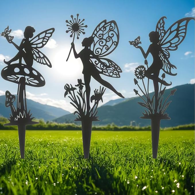 Fairy Decorative Garden Stakes Decorative Set Fairies for Fairy Garden Black Metal 3P
