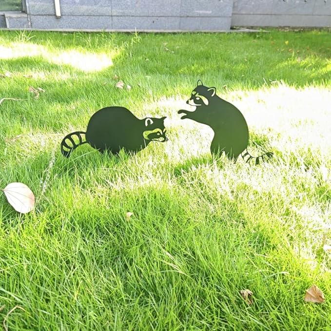 2 Pack Raccoon Metal Garden Stakes for Outdoor Decor – Cute Animal Yard Art for Garden, Lawn, or Pathway – Weather-Resistant Black Silhouette Statues, Unique Gift for Nature & Wildlife Lovers