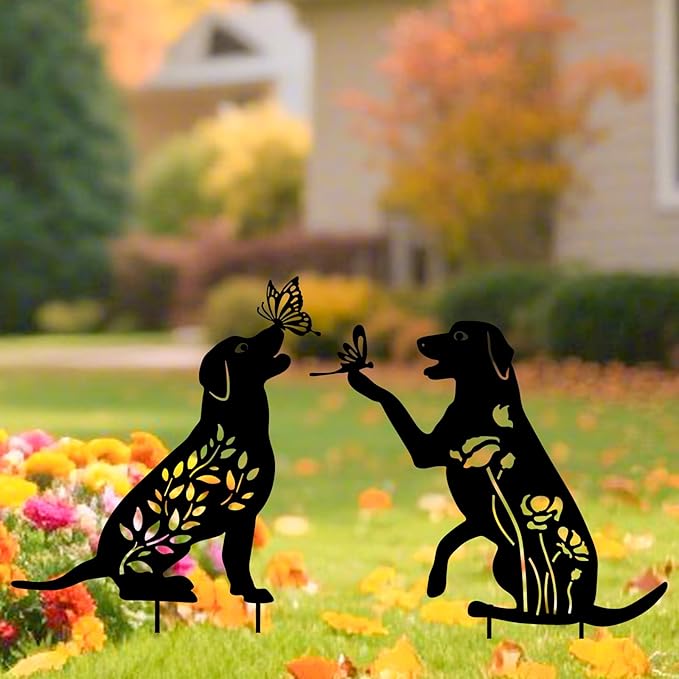 WONDER GARDEN Metal Dog Decor for Outside - 2 Pack Garden Stakes Decorative, Black Dog Silhouette Statues Lawn Ornaments Yard Patio Decor Women Men Mom Gifts