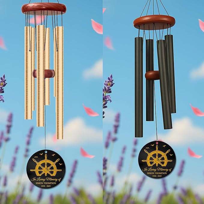 Personalized Nautical Memorial Wind Chime – “in Loving Memory” Custom Engraved Name & Years – Ship Wheel Design for Seafarers & Ocean Lovers – Outdoor Memorial Windchime Tribute for Loss of Loved One
