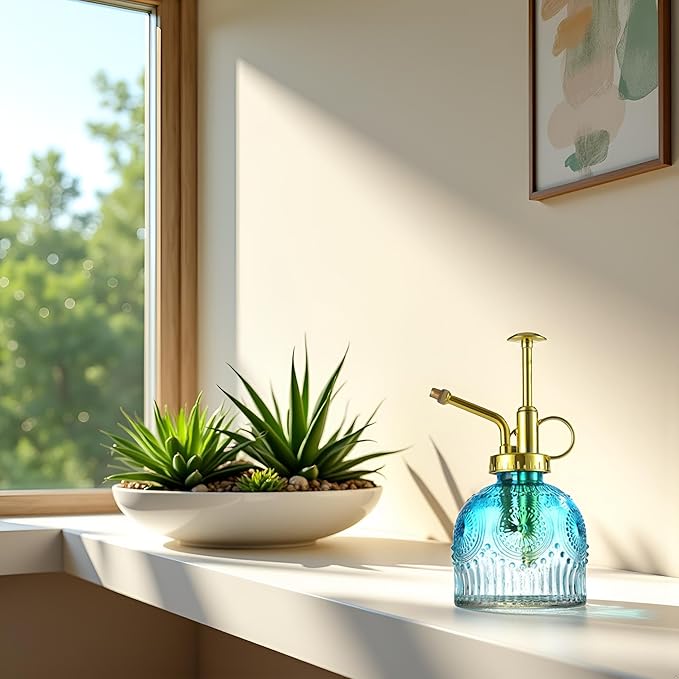Glass Plant Mister Spray Bottle, Vintage Plant Spritzer, Succulent Watering Bottle Glass with Top Pump, Small Plants Sprayer Watering Can for Indoor Outdoor House(Blue and White)