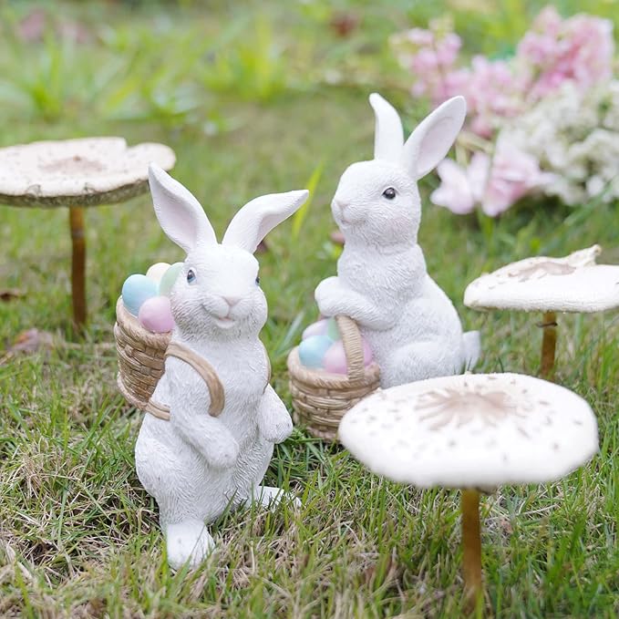 Easter-Basket Bunny-Decor-Figurines Home-Decorations - 2PC Easter Decorations Table Ornaments Resin Spring Bunny Carry Egg Basket Tabletop Decorations for Home Farmhouse 5.25H inch Newman House Studio