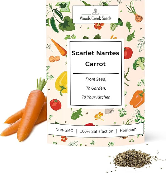 Woods Creek Seeds: Scarlet Nantes Carrot Seeds for Planting - Over 2,800 Heirloom Carrot Seed Pack - Non-GMO Carrots Seeds for Planting Outdoors or Indoors - Beginner Friendly Vegetable Gardening