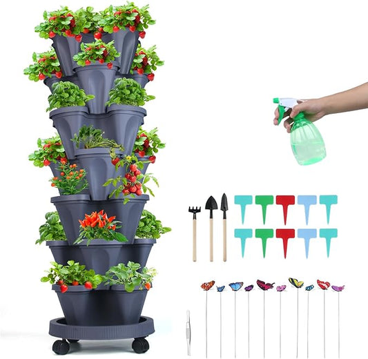 GameXcel Vertical Planter, 7 Tier Stackable Strawberry Planter with Garden Tool Set, Movable Indoor/Outdoor Garden Herb Pot for Growing Vegetables and Succulents, Dark Gray