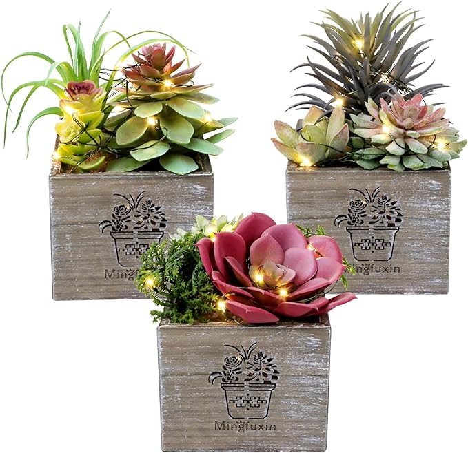 Mingfuxin Small Fake Plants, 3 Packs Mini Succulent Plants Artificial with Led Lights for Indoor Bathroom Bedroom Desk Office Decor