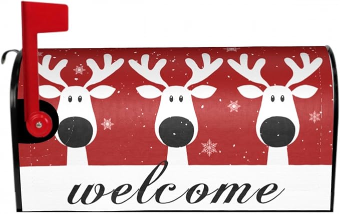 Christmas Reindeer Mailbox Cover Magnetic, Welcome Winter Snowflakes Xmas Elk Mailbox Wrap, Standard Size 21x18 Inch Waterproof Letter Post Cover for Garden Yard Outdoor Outside Decor