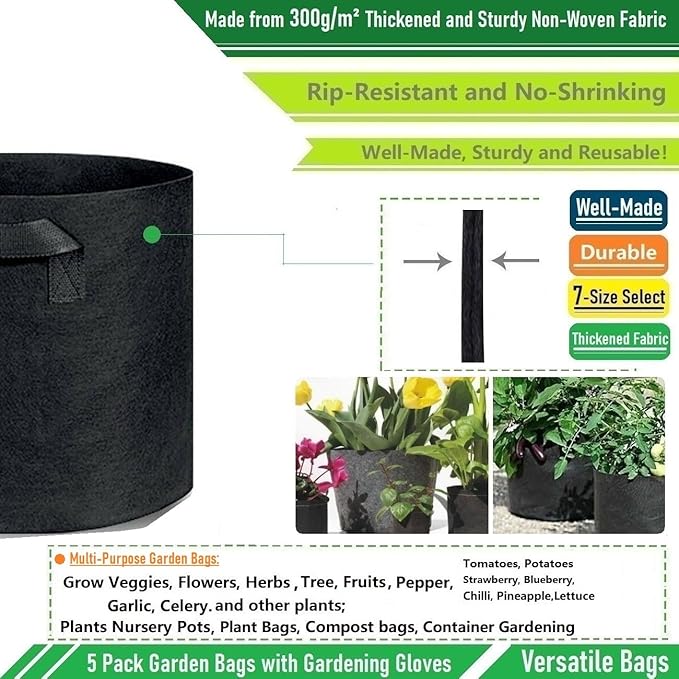 5-Pack 3 Gallon Thickened Plant Grow Bags (10x8 inch) Gardening Bags Fabric Plant Pots for Garden Pots,Flower Pot,Plant Nursery Bag,Herbs Veggies Planter Bag,Barrel Planter,Garden Container W/ Gloves