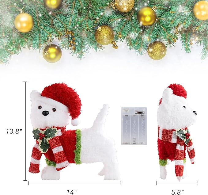Christmas Outdoor Decoration Lighted Dog 14" Xmas 25 LED Warm Lights 3D Decor Indoor, Battery Powered Outdoor Holiday Decorations for Home, Yard, Garden