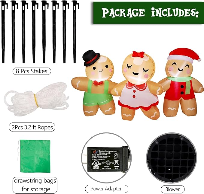 Joliyoou 8FT L Christmas Inflatable Decoration, Set of 3 Blowup Gingerbread Man Hand in Hand, Adorable Xmas Inflatable Ginger Bread Man for Winter Holiday Outdoor Indoor Decor
