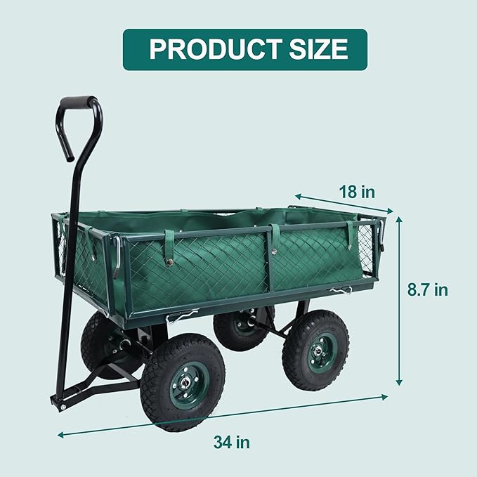 Elevon Utility Wagon Cart, Green | 10" Wheels & Removable Sides for Easy Yard Cleanup, Gardening, and Grocery Shopping