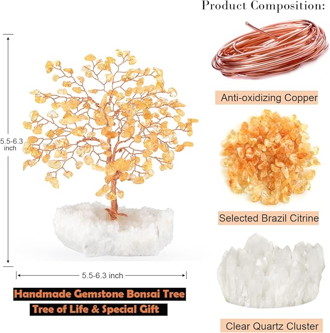 Natural Citrine Gemstone Crystal Tree of Life,Clear Quartz Cluster Base,Bonsai Money Tree Feng Shui Home Decor,Healing Crystals Positive Energy for Luck and Wealth 5.5"-6.3"