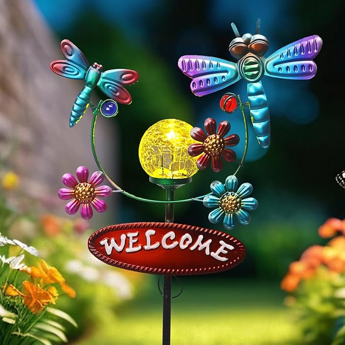 Solar Garden Stakes Metal Welcome Signs for Outside 30.3', 2 Flying Dragonflies with Cracked Glass Ball,Decorative Garden Stakes for Lawn, Patio, Dragonfly Gifts for Women