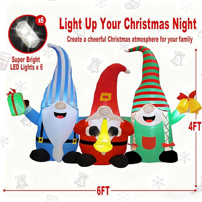 Christmas Decorations Inflatables Outdoor, 6FT Long 3 Gnomes with Gift Box, Trumpet and Bell, Cute Xmas Blow Up Built-in LED Lights Holiday Decor for Indoor Garden Yard Lawn