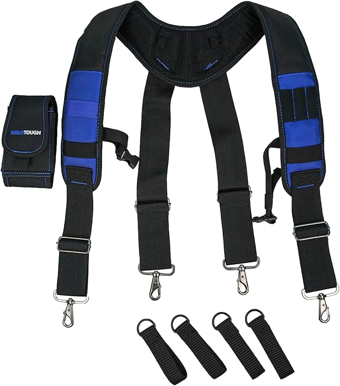 MELOTOUGH Tool Belt Suspenders Construction Work Belt Suspenders with detachable phone holder comfortable foam shoulder padder (Blue)