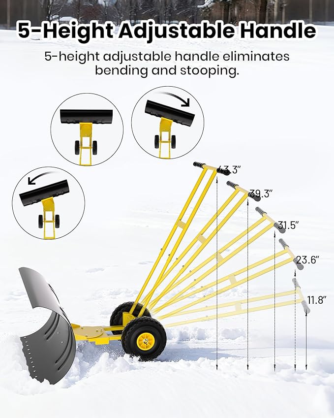 Snow Pusher with Wheels for Driveway, 36" Wide Heavy Duty Steel Blade, 7-Position Angle Adjustment & 60° Tilt Handle, Ergonomic Push Snow Shovel with Ground Protection for Effortless Snow Removal