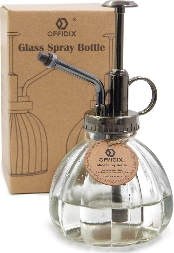 OFFIDIX Transparent Glass Watering Spray Bottle, 6.3 Inches Tall Vintage Style with Bronze Plastic Top Pump One Hand Plant Mister Glass Watering Can Indoor