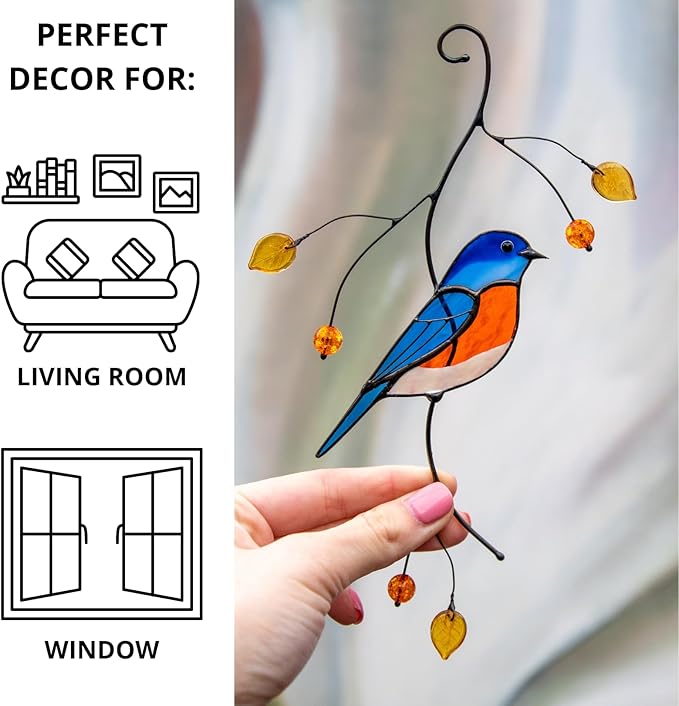 Gift Birds Handmade Stained Glass Suncatcher Genuine Stained Glass Window Hangings Unique Indoor Ornament & Outdoor Decor (Bluebird)